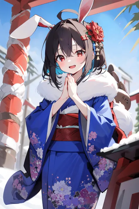 (masterpiece:1.2),best quality,PIXIV,
multiple girls, kimono, animal ears, japanese clothes, rabbit ears, shrine, cirno, own hands together, inaba tewi, donation box, flower, red kimono, reisen udongein inaba, smile, looking at viewer, 3girls, blue hair, hair flower, outdoors, short hair, purple hair, :3, wide sleeves, hair ornament, day, red flower, praying, hair bow, sash, alternate costume, bow, bangs, brown hair, red eyes, sidelocks, long sleeves, blush, standing, box, obi, palms together, ice, long hair, floral print, rope, blue kimono, alternate hairstyle, holding, closed eyes, tree, torii, closed mouth, hair between eyes, brown eyes, shimenawa, rabbit, blue bow, yellow bow, black hair, ice wings, open mouth, new year, print kimono, fur collar, fur trim, wings
<lora:happy new year_20240102112354-000018:0.8>,