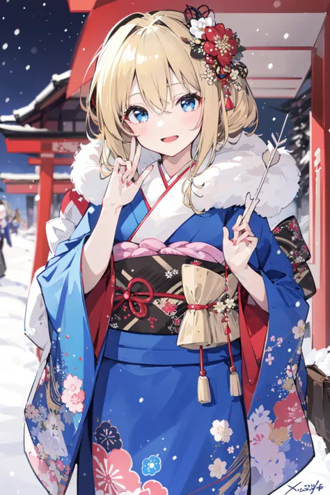 (masterpiece:1.2),best quality,PIXIV,
multiple girls,japanese clothes,2girls,hair ornament,kimono,blue eyes,blonde hair,sash,brown hair,obi,smile,arrow (projectile),open mouth,outdoors,:d,holding,hair flower,floral print,looking at viewer,flower,hair between eyes,bangs,print kimono,hamaya,fur collar,wide sleeves,blue kimono,long sleeves,long hair,waving,blush,x hair ornament,new year,bag,holding arrow,ema,snowing,snow,blurry,red flower,kinchaku,holding bag,sidelocks,hand up,signature,fur trim,furisode,standing,day,handbag,depth of field,torii,pouch,
<lora:happy new year_20240102112354-000018:0.8>,