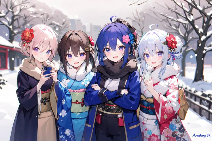 (masterpiece:1.2),best quality,PIXIV,
androgynous, scarf, multiple girls, long hair, purple hair, pink hair, japanese clothes, holding, outdoors, sweater, brown hair, kimono, blue eyes, hair ornament, hair flower, smile, pink eyes, bangs, purple kimono, fur trim, brown scarf, brown eyes, phone, holding phone, short hair, v, black gloves, flower, open mouth, long sleeves, gloves, hair between eyes, cellphone, jacket, plaid scarf, coat, purple eyes, blue coat, open clothes, snow, blue jacket, smartphone, blue kimono, obi, red flower, blush, :d, braid, winter, sash, closed mouth, tree, pants, blurry, ponytail, black pants, bare tree, pink kimono, floral print, 3girls, looking at viewer, brown sweater, crossed arms, plaid, photo background, side ponytail, brown coat, black jacket, white hair
<lora:happy new year_20240102112354-000018:0.8>,
