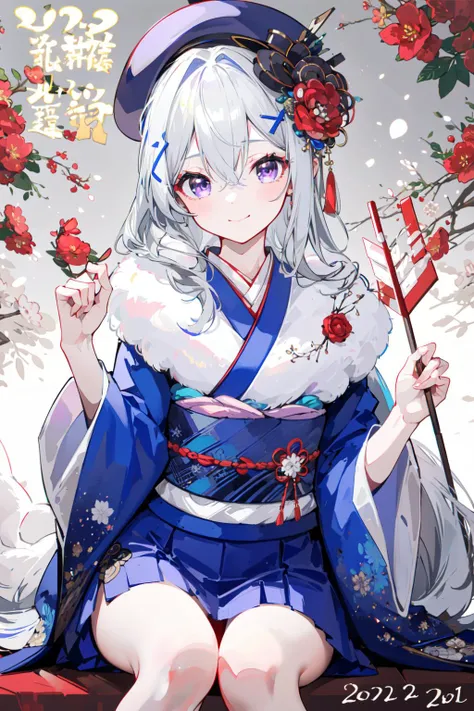 (masterpiece:1.2),best quality,PIXIV,
1girl,bird,hair ornament,smile,flower,solo,sitting,arrow (projectile),new year,japanese clothes,long hair,looking at viewer,purple eyes,happy new year,chicken,hair flower,kimono,hamaya,animal,blush,tree,wide sleeves,hairclip,striped,hat,bangs,earrings,closed mouth,red flower,jewelry,holding arrow,long sleeves,x hair ornament,vertical stripes,chinese zodiac,year of the rooster,hair between eyes,beret,grey hair,nengajou,branch,sash,skirt,
<lora:happy new year_20240102112354-000018:0.8>,