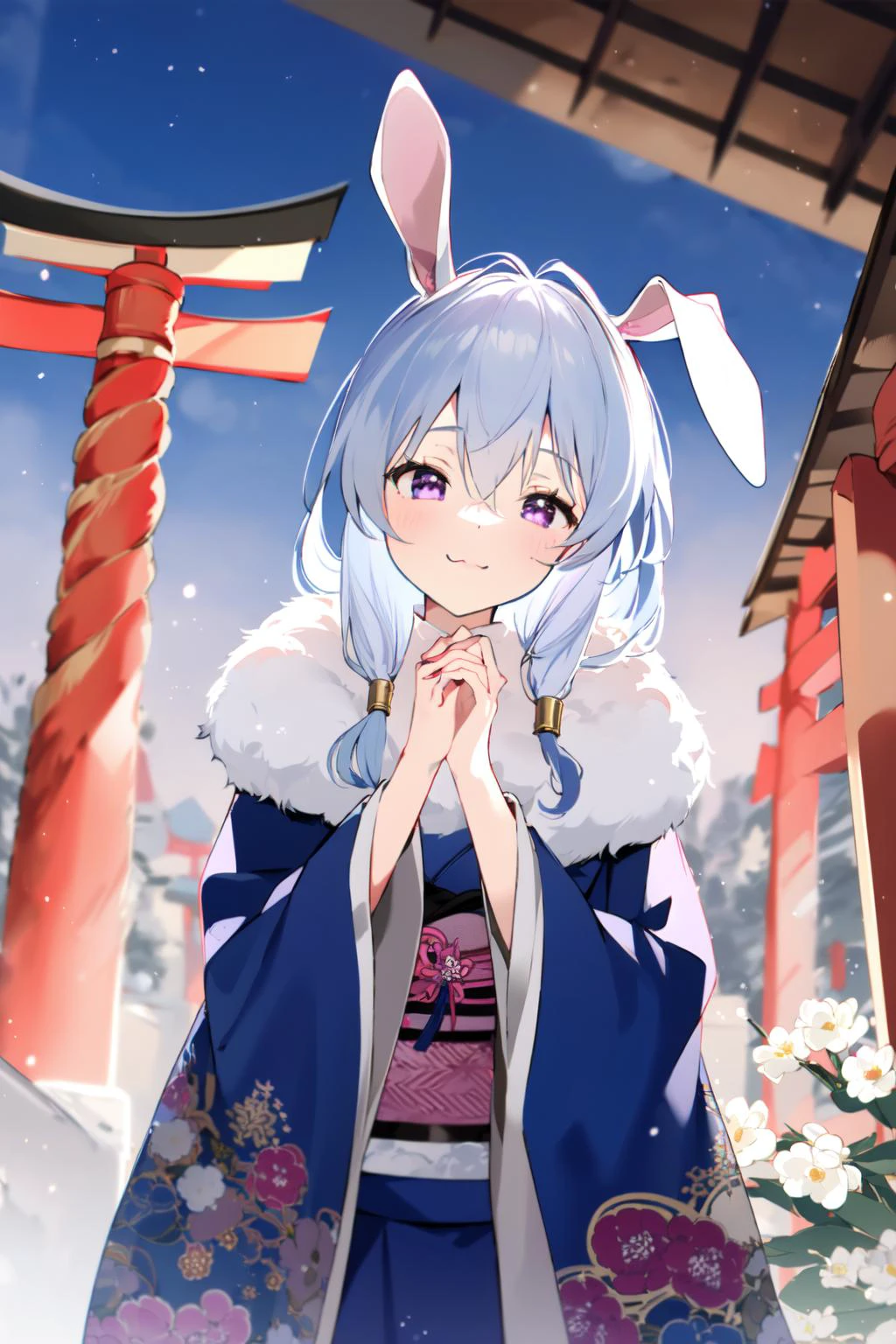(masterpiece:1.2),best quality,PIXIV,Elaina,
kimono,animal ears,japanese clothes,rabbit ears,shrine,own hands together,inaba tewi,donation box,flower,red kimono,reisen udongein inaba,smile,looking at viewer,hair flower,outdoors,:3,wide sleeves,hair ornament,day,praying,sash,alternate costume,blush,standing,rope,holding,closed eyes,tree,torii,hair between eyes,rabbit,new year,print kimono,fur collar,fur trim,
<lora:happy new year_20240102112354-000018:0.8>,