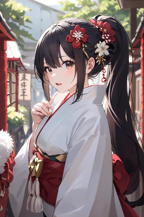 (masterpiece:1.2),best quality,PIXIV,
1girl,solo,long hair,miko,japanese clothes,black hair,hair ornament,hairclip,looking at viewer,ponytail,black eyes,very long hair,omikuji,brown eyes,from side,wide sleeves,
<lora:happy new year_20240102112354-000018:0.8>,