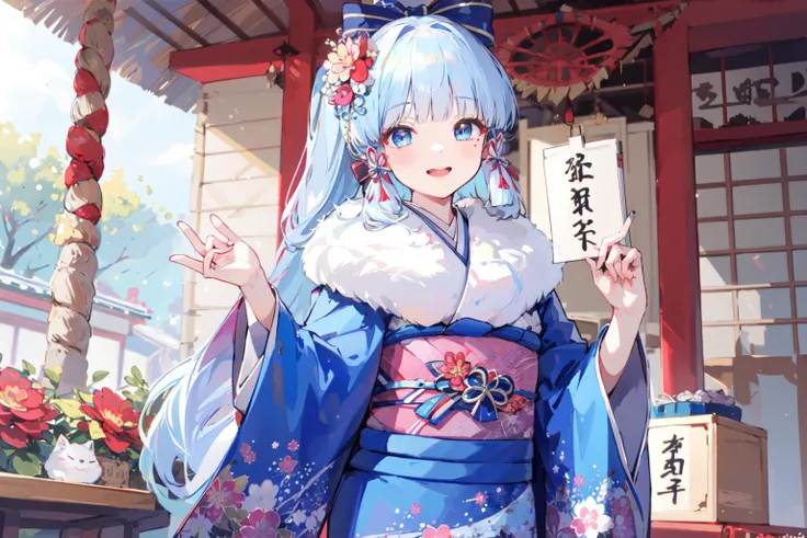 (masterpiece:1.2),best quality,PIXIV,
1girl,kamisato ayaka,japanese clothes,kimono,smile,solo,omikuji,blue eyes,long hair,bangs,open mouth,looking at viewer,hair ornament,ponytail,holding,wide sleeves,sash,blunt bangs,:d,blue kimono,blue hair,long sleeves,upper teeth only,obi,mole under eye,floral print,outdoors,bow,teeth,ribbon,hair ribbon,hair flower,mole,flower,shrine,blush,hair bow,fur trim,new year,print kimono,flower knot,sidelocks,
<lora:happy new year_20240102112354-000018:0.8>,