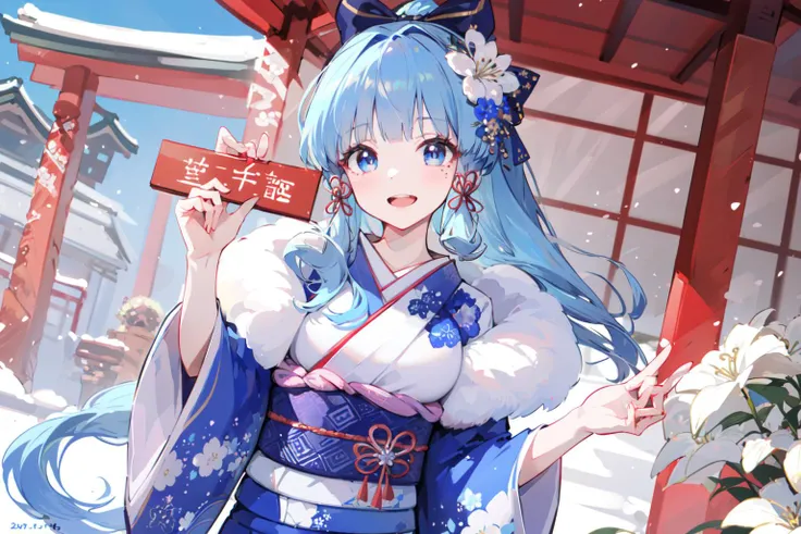 (masterpiece:1.2),best quality,PIXIV,
1girl, kamisato ayaka, japanese clothes, kimono, smile, solo, omikuji, blue eyes, long hair, bangs, open mouth, looking at viewer, hair ornament, ponytail, holding, wide sleeves, sash, blunt bangs, :d, blue kimono, blue hair, long sleeves, upper teeth only, obi, mole under eye, floral print, outdoors, bow, teeth, ribbon, hair ribbon, hair flower, mole, flower, shrine, blush, hair bow, fur trim, new year, print kimono, flower knot, sidelocks
<lora:happy new year_20240102112354-000018:0.8>,