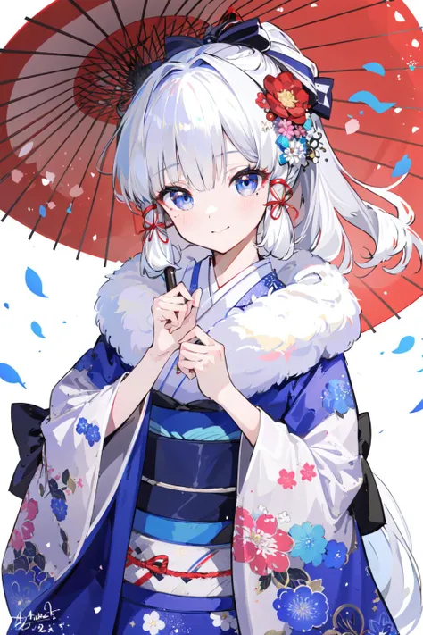 (masterpiece:1.2),best quality,PIXIV,
1girl, kamisato ayaka, umbrella, solo, japanese clothes, kimono, ponytail, mole under eye, floral print, blue eyes, mole, bangs, hair ornament, long hair, holding umbrella, oil-paper umbrella, holding, white background, looking at viewer, smile, blunt bangs, flower knot, wide sleeves, simple background, sash, ribbon, hair ribbon, closed mouth, white hair, hair bow, bow, flower, long sleeves, hair flower, obi, alternate costume, sidelocks
<lora:happy new year_20240102112354-000018:0.8>,
