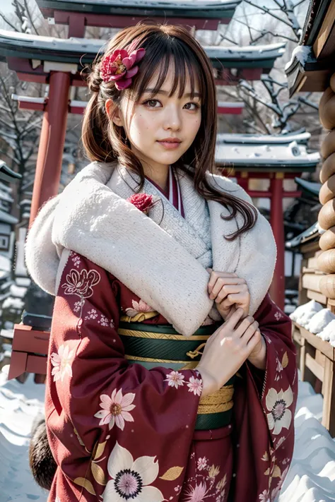 (realistic:1.3), finely detailed, quality, rembrandt lighting, (masterpiece:1.2), (photorealistic:1.2), (best quality), (detailed skin:1.3), (intricate details), dramatic, ray tracing, 1girl, japanese girl, 21 years old, detailed skin texture, (blush:0.5), (goosebumps:0.5), subsurface scattering, smiling, medium breasts, updo hair, bangs, hair between eyes, hair ornament, hair flower, fur collar, fur trim, kimono, japanese clothes, floral print, sash, obi, cowboy shot, (bright sunny day, torii gate, japanese shrine, snow, snow covered, sky), <lora:girl_20240102112354:0.8>