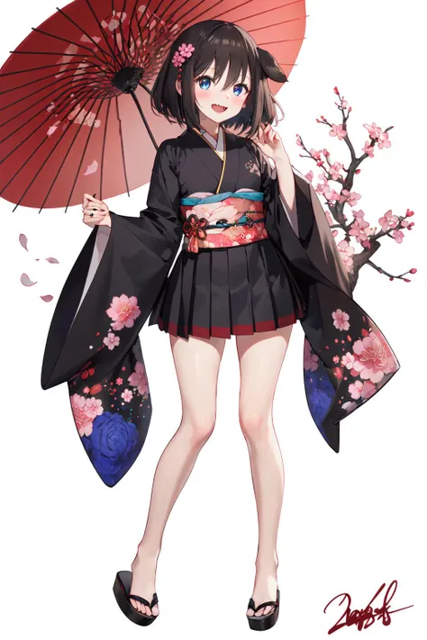 (masterpiece:1.2),best quality,PIXIV,
1girl, dog, animal ears, umbrella, japanese clothes, tail, year of the dog, dog ears, open mouth, smile, looking at viewer, chinese zodiac, dog tail, kimono, short hair, hair ornament, shiba inu, skirt, solo, oil-paper umbrella, floral print, bangs, animal, holding, :d, blue eyes, brown hair, black skirt, fangs, petals, full body, blush, new year, pleated skirt, holding umbrella, 2018, white background, signature, long sleeves, sandals, print kimono, wide sleeves, puppy, black hair, virtual youtuber, cherry blossoms
<lora:happy new year_20240102112354-000018:0.8>,