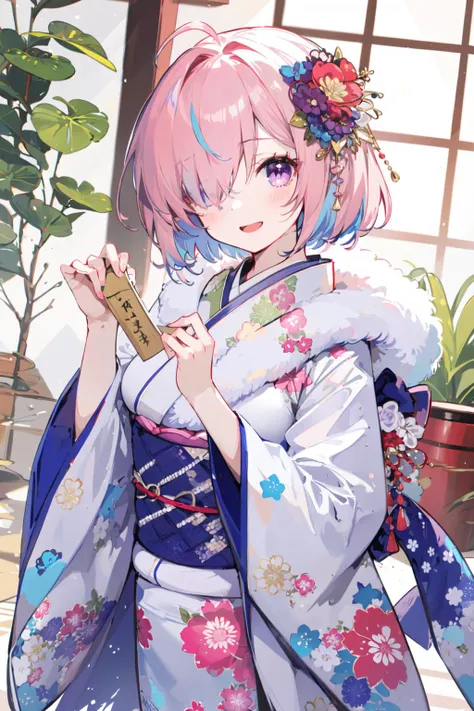 (masterpiece:1.2),best quality,PIXIV,
1girl,mash kyrielight,solo,japanese clothes,purple eyes,hair over one eye,kimono,smile,open mouth,short hair,floral print,looking at viewer,alternate costume,ahoge,:d,wide sleeves,indoors,long sleeves,holding,pink hair,standing,rope,print kimono,bangs,hair ornament,blush,
<lora:happy new year_20240102112354-000018:0.8>,