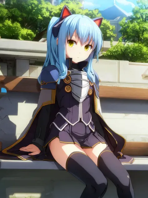 masterpiece, ultra high quality cg, best quality, tio plato, fake animal ears, black cape, black dress, black thighhighs, armor, sitting on a park bench