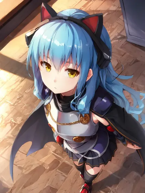 masterpiece, ultra high quality cg, best quality, tio plato, fake animal ears, black cape, black dress, black thighhighs, detached sleeves, armor, laboratory, disinterested expression, standing, from above