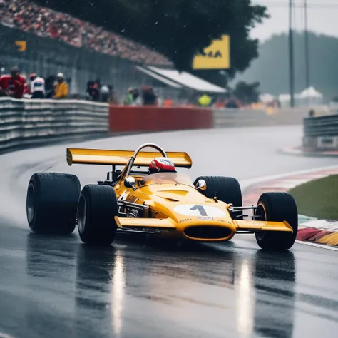 photo of a m14a, 8k uhd, high quality, grand prix starting lane with many other f1 cars, wet track, stormy weather, day, 4k, natural sunlight, vibrant color, reflections <lora:m14a_SDXL-LoRA-v02-000010:0.5>