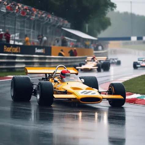 photo of a m14a, 8k uhd, high quality, grand prix starting lane with many other f1 cars, wet track, stormy weather, day, 4k, natural sunlight, vibrant color, reflections <lora:m14a_SDXL-LoRA-v02-000010:0.6>