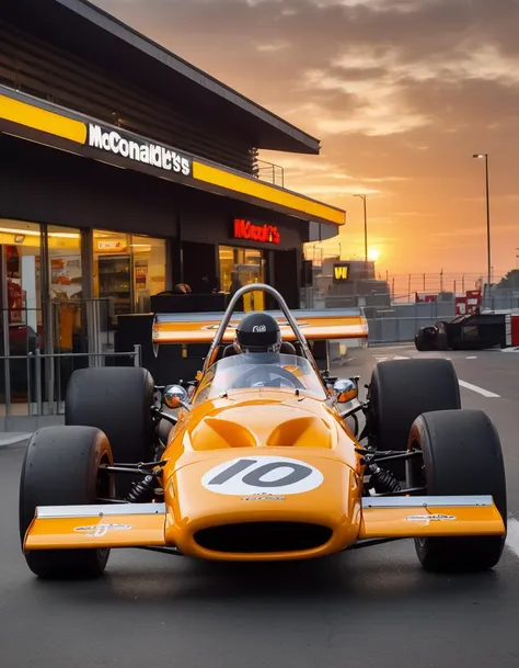 photo of m14a, side view, ultra detailed f1 livery and bodywork, 8k uhd, high quality, parked in a mcdonald's, early morning on a summer day, sunrise, 4k, glimpses of light, vibrant color<lora:m14a_SDXL-LoRA-v02-000010:0.7> <lora:offset_0.2:0.2>
