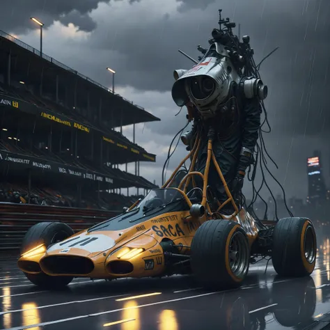 (1mca f1 car 70s:1.2) racing fast along a race track while raining, drived by (1rz88mkultr4 cyborg) showing their internal mechanical suit, cityscape in the behind, by Simon Stalenhag, masterpiece, best quality, anime, highly detailed background, perfect lighting, best quality, 4k, 8k, ultra highres, raw photo in hdr, sharp focus, intricate texture, best quality, 4k, 8k, ultra masterpiece, 4K, high quality, dgtlv2 <lora:mcaf1car70s-000005:1> <lora:21Stalenhag:1> <lora:rz88mkultr4-v1:1>