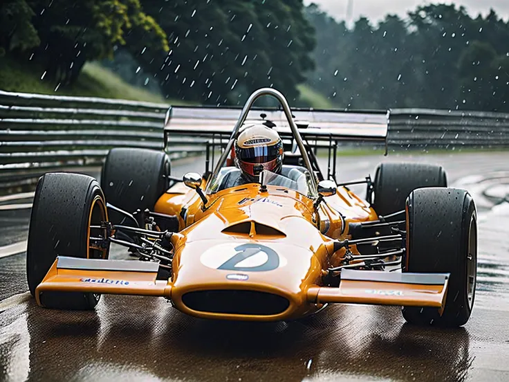 . (m14a f1 car 70s) racing in a rainy day, stormy weather in the behind, masterpiece, best quality, anime, highly detailed background, perfect lighting, best quality, 4k, 8k, ultra highres, raw photo in hdr, sharp focus, intricate texture, best quality, 4k, 8k, ultra masterpiece, 4K, high quality, dgtlv2 <lora:m14af1car70s-000005:.95>