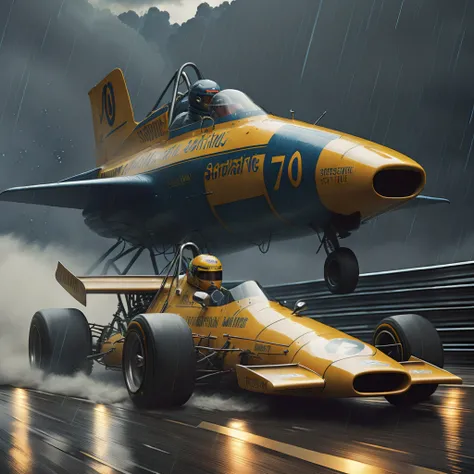 . (1m14a f1 car 70s) racing in a rainy stormy weather, (water dust:1.2), (rz88mkultr4 cyborg airplanes in the sky), (shiny lightning in the distance), by Simon Stalenhag, masterpiece, best quality, anime, highly detailed background, perfect lighting, best quality, 4k, 8k, ultra highres, raw photo in hdr, sharp focus, intricate texture, best quality, 4k, 8k, ultra masterpiece, 4K, high quality, dgtlv2  <lora:m14af1car70s-000005:0.9> <lora:21Stalenhag:0.7> <lora:rz88mkultr4-21-v1:1>