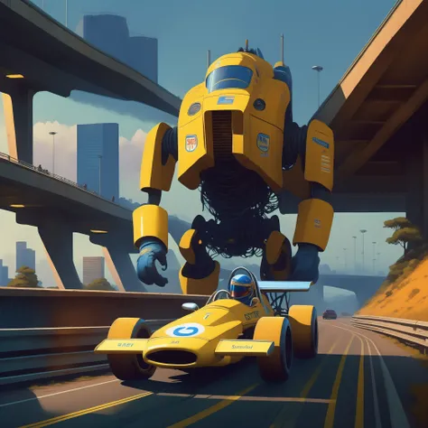 (m14a f1 car 70s) travels along a motorway passing under an overpass, a giant robot resembling sonic the hedgehog has crashed over the underpass revealing his internal mechanical suit, by Simon Stalenhag, masterpiece, best quality, anime, highly detailed background, perfect lighting, best quality, 4k, 8k, ultra highres, raw photo in hdr, sharp focus, intricate texture, best quality, 4k, 8k, ultra masterpiece, 4K, high quality, dgtlv2 <lora:m14af1car70s-000005:1> <lora:21Stalenhag:1>