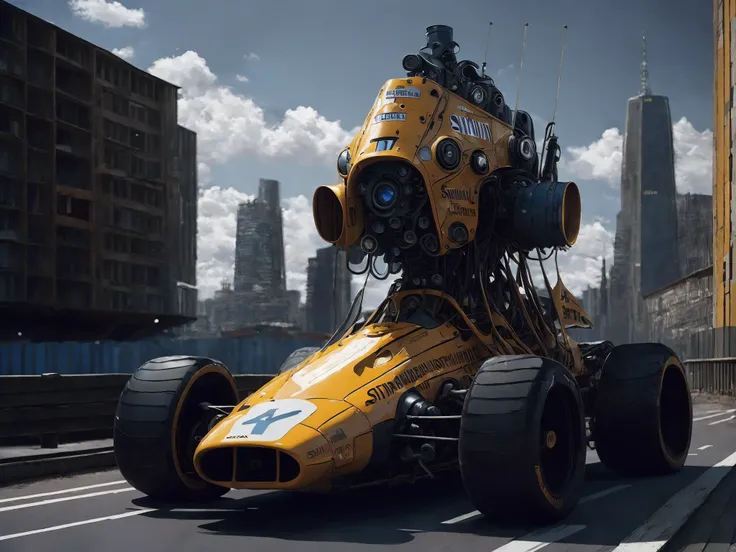 . (m14a f1 car 70s rz88mkultr4 robot) showing their internal mechanical, cityscape in the behind, by Simon Stalenhag, masterpiece, best quality, anime, highly detailed background, perfect lighting, best quality, 4k, 8k, ultra highres, raw photo in hdr, sharp focus, intricate texture, best quality, 4k, 8k, ultra masterpiece, 4K, high quality, dgtlv2 <lora:21Stalenhag:1> <lora:rz88mkultr4-v1:1> <lora:m14af1car70s-000005:1>