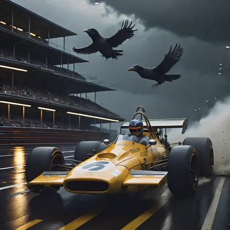 . (m14a f1 car 70s) racing in a rainy stormy weather, (water dust:1.2), (many crows in the sky:1.2), by Simon Stalenhag, masterpiece, best quality, anime, highly detailed background, perfect lighting, best quality, 4k, 8k, ultra highres, raw photo in hdr, sharp focus, intricate texture, best quality, 4k, 8k, ultra masterpiece, 4K, high quality, dgtlv2  <lora:m14af1car70s-000005:1> <lora:21Stalenhag:0.8>