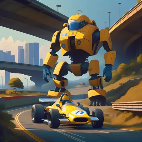 (1mca f1 car 70s:1.3) travels along a motorway passing under an overpass, a giant robot resembling sonic the hedgehog has crashed over the underpass revealing his internal mechanical suit, by Simon Stalenhag, masterpiece, best quality, anime, highly detailed background, perfect lighting, best quality, 4k, 8k, ultra highres, raw photo in hdr, sharp focus, intricate texture, best quality, 4k, 8k, ultra masterpiece, 4K, high quality, dgtlv2 <lora:mcaf1car70s-000005:1> <lora:21Stalenhag:1>