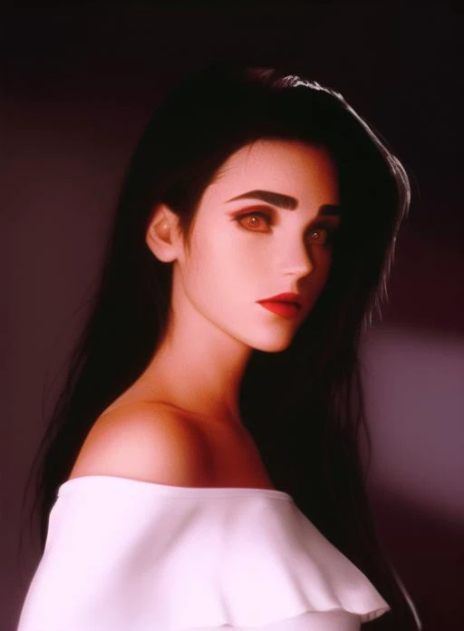 JCON-SUBJECT, 1girl, bare_shoulders, black_hair, lips, long_hair, looking_at_viewer, makeup, nose, photorealistic, realistic, red_lips, solo, upper_body, green eyes