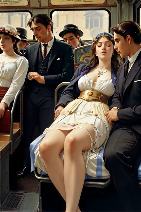 A group of men in suits watching a sleeping woman  sitting on a bus, sleeping highly detailed face, view up skirt, vagina, rich pubic hair,
painting by Alphonse Mucha