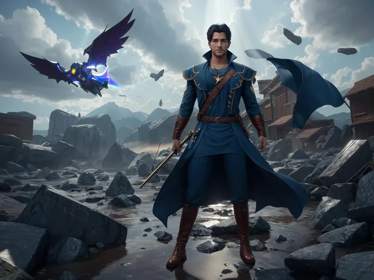 Ray tracing, god rays,, realistic, masterpiece, best quality, cinematic lighting, natural shadow, highest detail, professional photography, detailed background, depth of field, insane details, intricate, aesthetic, detailed face, subsurface scattering, realistic hair, realistic eyes, muscular, masculine, (focused on a distant handsome young man casting Unfathomable magic spell, mage, debris floating around him, casting spell, dynamic pose, full body, short trimmed facial hair, futuristic mage uniform, flying debris:1.3), (sci-fi|fantasy battlefield), (several distant powerful mages casting spells, many people fighting, many different kinds differently sized of creatures:1.3), combat, wounded on the ground, flying blood splatter, cloudy sky,