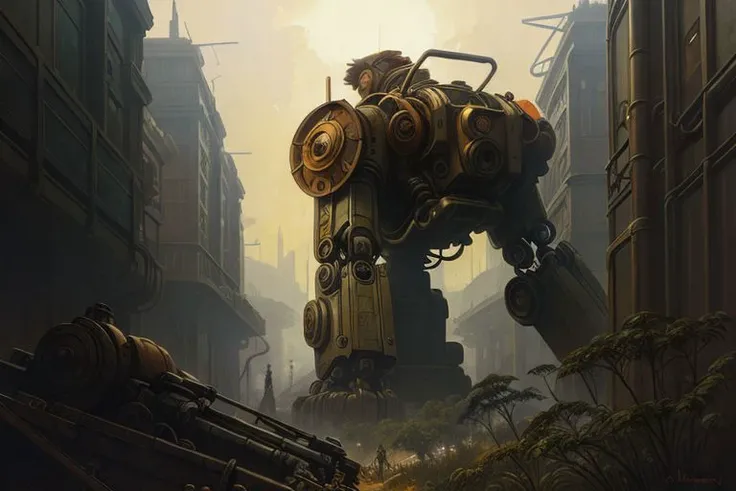 View of a woman looking at a rusty giant robot, Alphonse Mucha, Simon Stlenhag