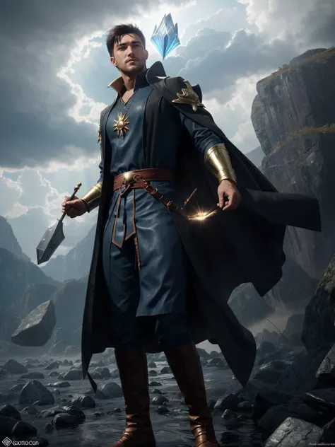 Ray tracing, god rays,, realistic, masterpiece, best quality, cinematic lighting, natural shadow, highest detail, professional photography, detailed background, depth of field, insane details, intricate, aesthetic, detailed face, subsurface scattering, realistic hair, realistic eyes, muscular, masculine, (focused on a distant handsome young man casting Fantastical magic spell, mage, debris floating around him, casting spell, dynamic pose, full body, short trimmed facial hair, futuristic mage uniform, flying debris:1.3), (sci-fi|fantasy battlefield), (several distant powerful mages casting spells, many people fighting, many different kinds differently sized of creatures:1.3), combat, wounded on the ground, flying blood splatter, cloudy sky,
