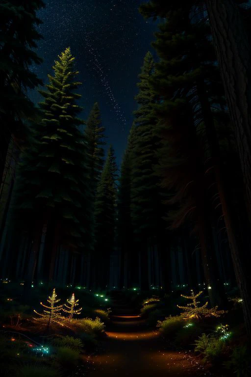 Dark pine forest at night with fireflies, phantasy , cinematic, high resolution, high-quality , silver moon, dim light, illuminated dust particles