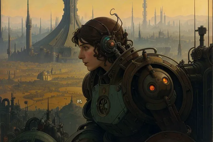 View of a woman looking at a rusty giant robot, Alphonse Mucha, Simon Stlenhag