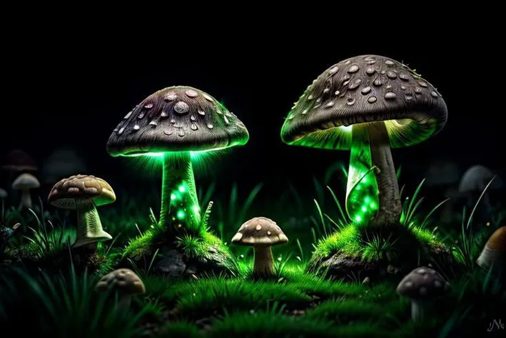 photorealistic,stones, sharp stones, ((big fantasy mushroom)), (((glow))), night, dark theme, cinematic, (long grass), macro photography, (sharp shot), mj,  <lora:LowRA:0.65>