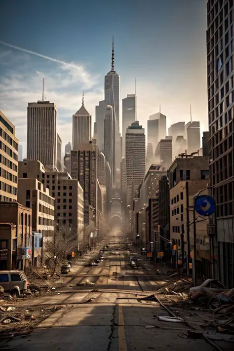 (masterpiece), 
a post-apocalyptic city of united states,
viewed from the street,
