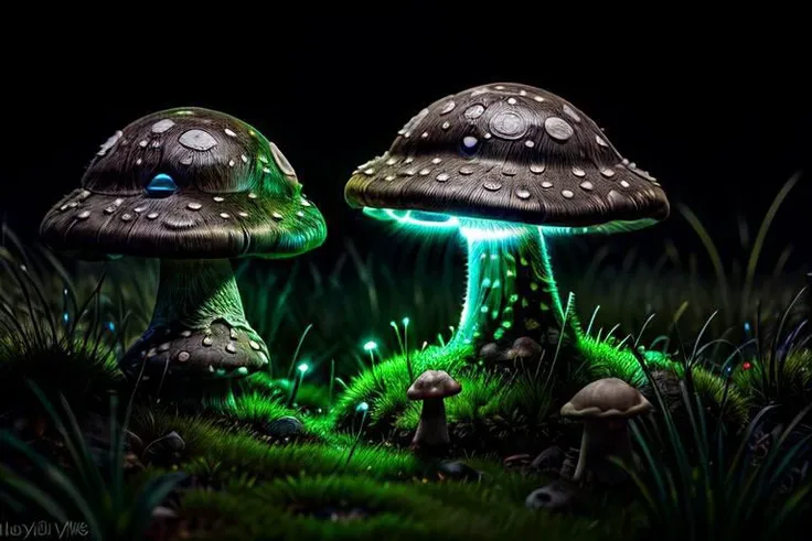 photorealistic,stones, sharp stones, ((big fantasy mushroom)), (((glow))), night, dark theme, cinematic, (long grass), macro photography, (sharp shot), mj, <lora:LowRA:0.65>