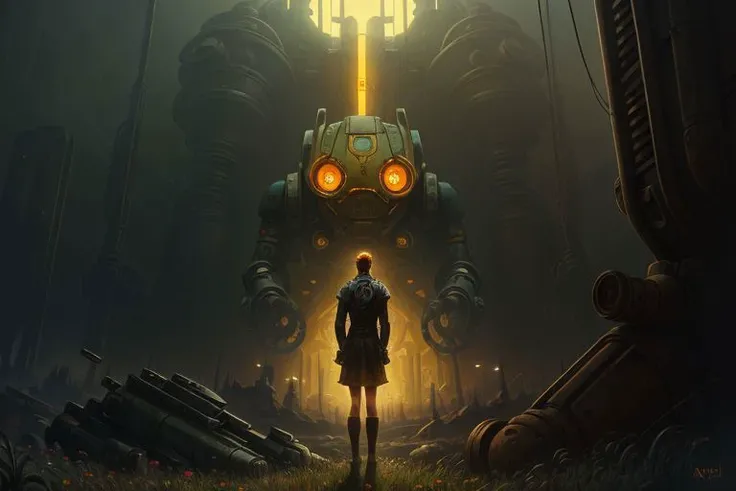View of a woman looking at a rusty giant robot, Simon Stlenhag, Alphonse Mucha