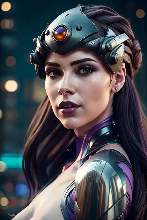 an awarded profesional photography of 1girl <lora:widowmakerLast:0.69> widowmaker, purple skin, visor, bodysuit (pale white skin), beautiful hazel eyes,) herringbone braid curly hair chestnut with horned helmet with spiked gloves tightlacing corset infatuated,she make Holding a smartphone pose pentacle in a stage, in summer Mark Fearnley LED Lighting,(epic scene:1.3),ultradetialed character with perfect face,detailed skin,(ultrasharp:1.3),(masterpiece:1.1),best quality ,(photorealistic:1.2),ultrarealistic,realistic ultradetailed character,4k perfect quality,character focus,<lyco:GoodHands-beta2:1>Magnificent,Imperceptible detail,Intricately designed, <hypernet:sxzBloom_sxzBloom:0.6> hotify
