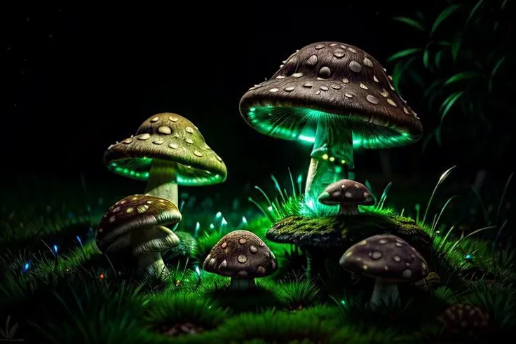 photorealistic,stones, sharp stones, ((big fantasy mushroom)), (((glow))), night, dark theme, cinematic, (long grass), macro photography, (sharp shot), mj, <lora:LowRA:0.65>