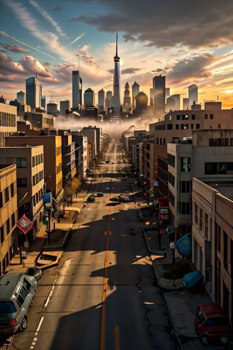 (masterpiece),
a post-apocalyptic city of united states,
viewed from the street,
sunset,