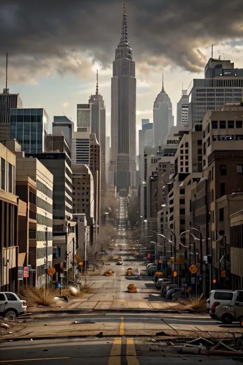 (masterpiece),
a post-apocalyptic city of united states,
viewed from the street,