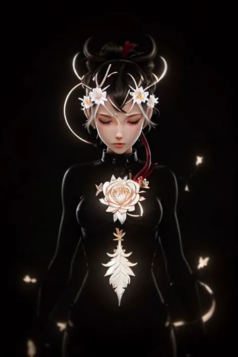 white background, best quality, masterpiece,ultra high res,highres, illustration. media, delicate,8k wallpaper,strongest light,official art,professional lighting, photon mapping, radiosity, physically-based rendering,1girl, bangs, black_hair, blush, brown_eyes, eyebrows_visible_through_hair, flower, hair_flower, hair_ornament, heart, looking_at_viewer, paper_fan, glow red_flower, glow red_rose, glow rose, short_hair, solo, upper_body, 1woman of Sagittarius Chaos,