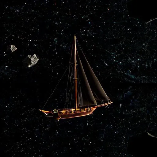 a small sailship made of wood, very far, in the space, travelling from one asteroid to another asteroid inside an asteroid field with lots of asteroids of different dimension