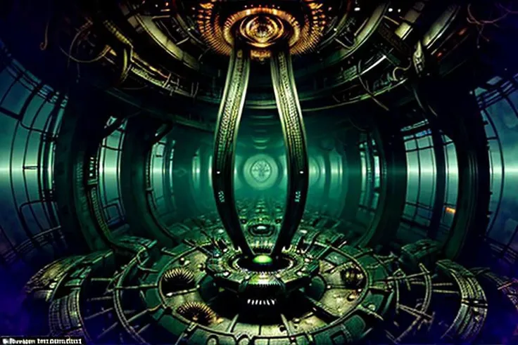 Create a highly detailed and original piece of art for the beginning of an animation sequence. The scene is set in a dystopian space city, intricately constructed like the inner workings of a Swiss watch, with massive interlocking cogs. Thousands of people, reminiscent of hamsters trapped in a wheel, are operating these cogs. Despite their fatigue, they cannot stop as their labor generates the essential oxygen for their city.
The artwork should reflect the dark, erotic, and morbid themes characteristic of H.R. Giger's style, blending biological and mechanical elements in a surreal, nightmarish landscape. Simultaneously, incorporate the psychedelic and visionary nature of Android Jones' work, with vibrant colors, complex geometric patterns, and dream-like, surreal imagery. The piece should evoke a sense of the eerie and otherworldly, a fusion of technology and organic life, symbolizing the relentless cycle of survival in a harsh, mechanical world.
Focus on creating a scene that is immersive and layered, with a depth that suggests a multi-dimensional space. The composition should provoke thought and emotion, using detailed elements and intricate patterns to create a rich visual tapestry. The overall atmosphere should be one of solemnity and resilience, as the people are tied to their task, a metaphor for the human condition in a technology-dominated existence