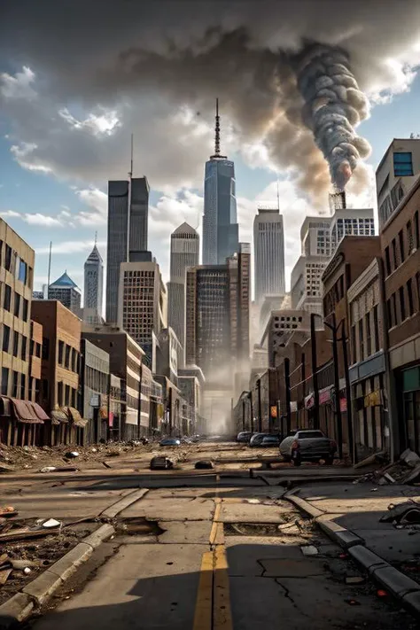 A city featured in an apocalyptic setting, with a nuclear bomb exploding, presenting a strong contrast between light and shadow and highly detailed. (City: 1.3, Apocalypse: 1.2, Contrast: 1.2, Strong Light: 1.2, Strong Shadow: 1.2, Highly Detailed: 1.3)