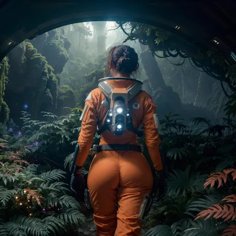 Masterpiece, highest quality, rear angle, Highly detailed photo of a (female space soldier wearing orange and white space suit, tinted face shield, rebreather, accentuated booty), athletic body, big ass, [wide hips], (investigating a strange glowing alien artifact), on alien exoplanet, (mountains:1.1), (exotic rain forest), lush vibrant foliage, (two moons in the sky:0.8), (hyperdetailed, intricately detailed), background by Jessica Rossier, (sci-fi), during the day, (lens flare:0.5), (bloom:0.6), particle effects, (cinematic lighting:1.1), sharp shadows, ambient light, [bioluminescente], raytracing, photographed on a Nikon Z7 II Mirrorless Camera, 120mm F/4 wide-angle lens, sharp focus, Cinestill 800T, still frame from Gravity 2013, 8k, HDR, from behind