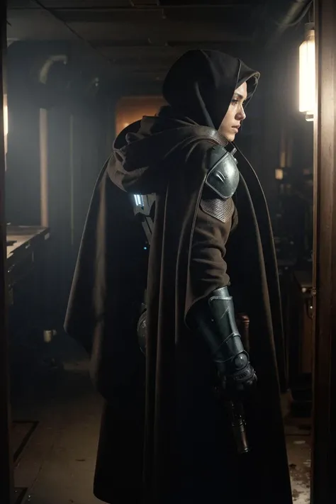 Masterpiece, Cine still, rear angle, (Fallout Live Action Adaptation), Female brother hood of steal scribe, perfect face, looking back at viewer, wearing power armor and cloak, big ass, detailed skin, (cinematic lighting:1.1), sharp shadows, brutalism, grimdark, photographed on a Sony A1, 70mm F/2.8L wide-angle lens, HDR, 8k, Cinestill 800T, action shot, from behind, (full body:0.9)