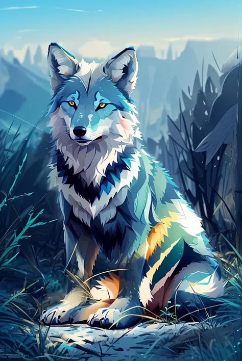 wolf, sitting posture, flat illustration, lineart, grass in the background, sunny day, blue sky, cold color palette, detailed, 8k, cinematic lighting<lora:Flat_Illustration:1.0>