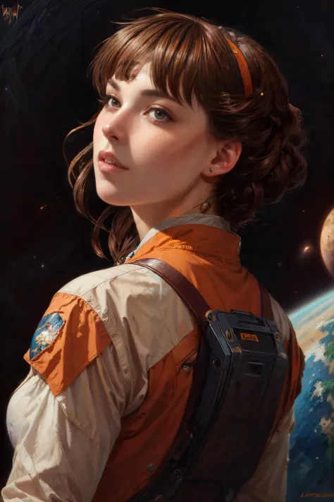 Astronaut girl space solider, brown hair, orange astronaut suit, intricate, elegant, highly detailed, plush, digital painting, artstation, concept art, smooth, sharp focus, illustration, ((art by artgerm and greg rutkowski and alphonse mucha and william - adolphe bouguerea)) <lora:add_detail:1>, <lora:epi_noiseoffset2:1>,rim lighting, two tone lighting,dark sky,planet