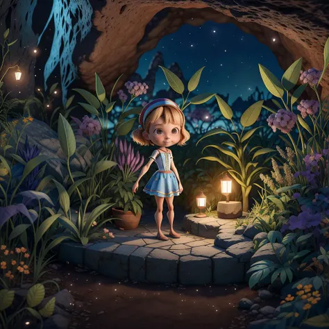 masterpiece, best quality, 4k,( Pixar - style :1.4), 1boy,(Cute,handsome,wearing outdoor sportswear :0.7), 3D,full body,chibi,(Face close-up :1.2), (In a cave, at night, surrounded by glowing plants, flowers, flying fireflies, bonfires), (Ultra detailed, aesthetic, beautiful composition, rich bright colors, volumetric soft light). Inspired by Alice in Wonderland, magic, fairy tales. unreal Engine, octane render, cuteness render, 3d rendering, Adobe Photoshop, awe inspiring, beautiful, cute , <lora:blindbox_V1Mix:1>