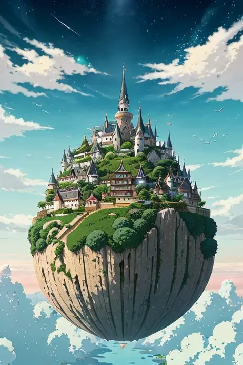 breathtaking Studio Ghibli style,best quality,high resolution,8k aesthetic,huge busy detailed scene,Floating islands,gentle breezes,ethereal skies,(air:1.6),hill,(visible air:1.2), . award-winning, professional, highly detailed