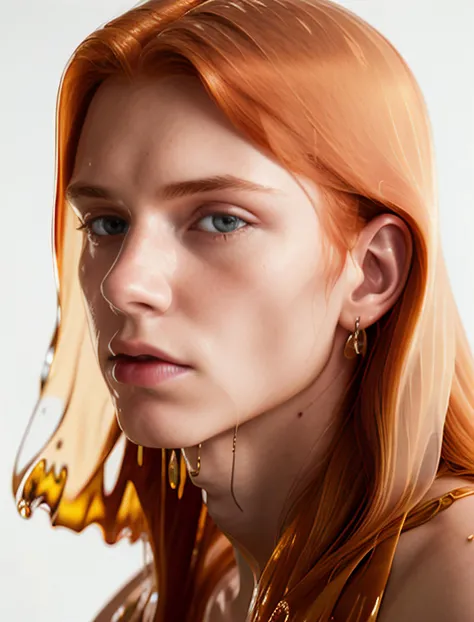 Amber, Honey, liquid, caucasian men, pretty boy, young men with long red hair, portrait, water drop, bubble, (8k, RAW photo, best quality, masterpiece:1) <lora:Honey:0.6> <lora:prettyBoy:0.4>